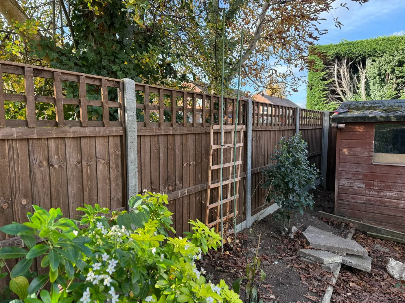 Trellis topped fence panels fitted between concrete posts