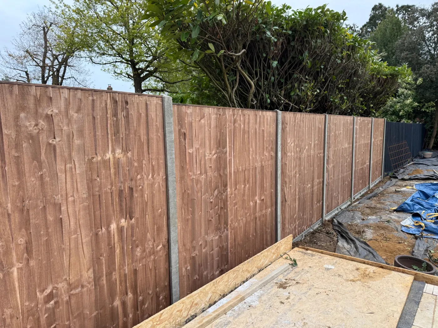 Brown feather edge fence panels with concrete posts and gravel boards