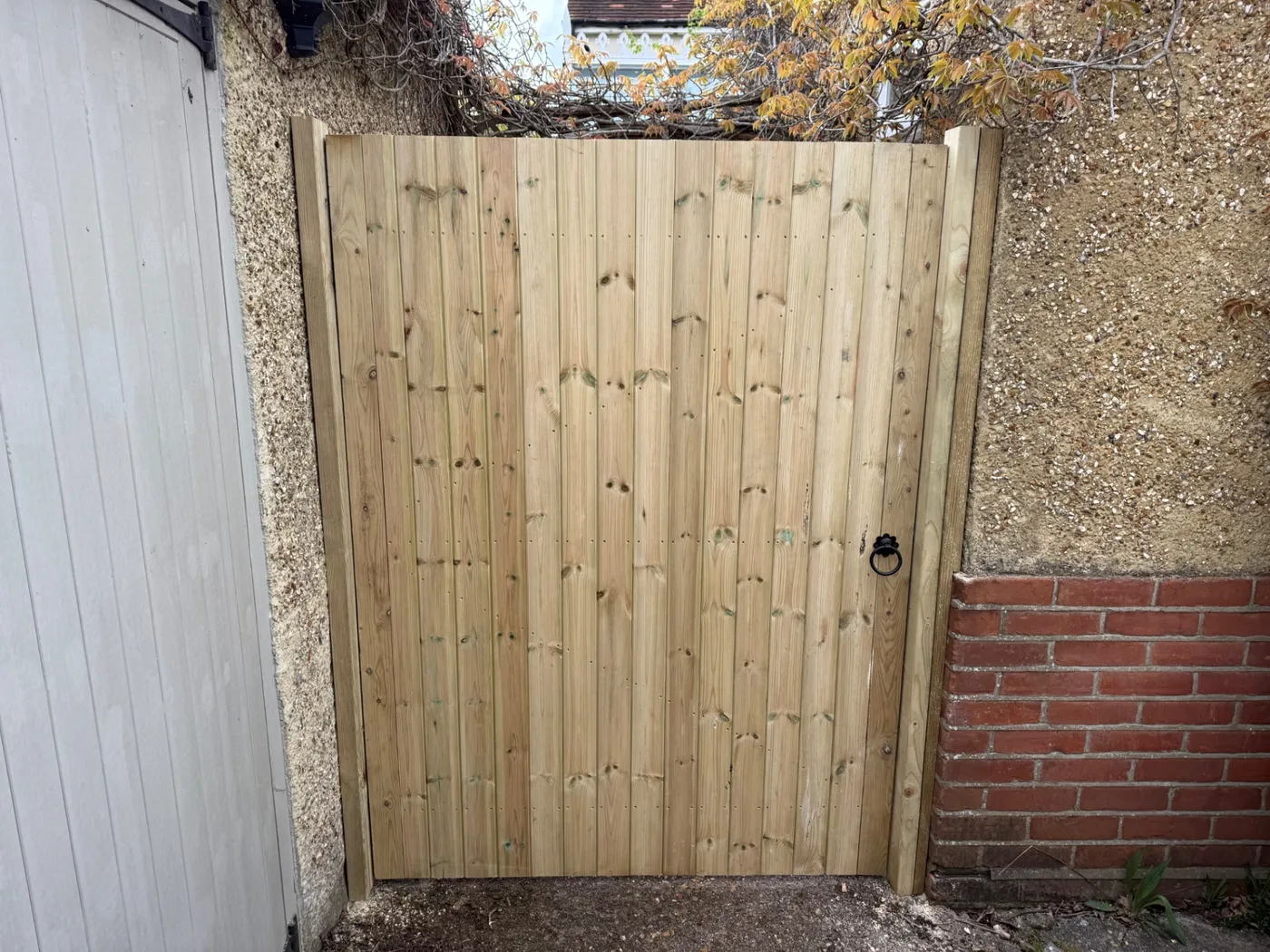 Tall timber side gate fitted between a garage and garden wall