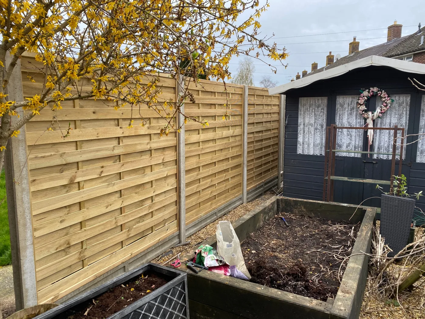 Woven horizontal fence panels with concrete posts beside raised beds